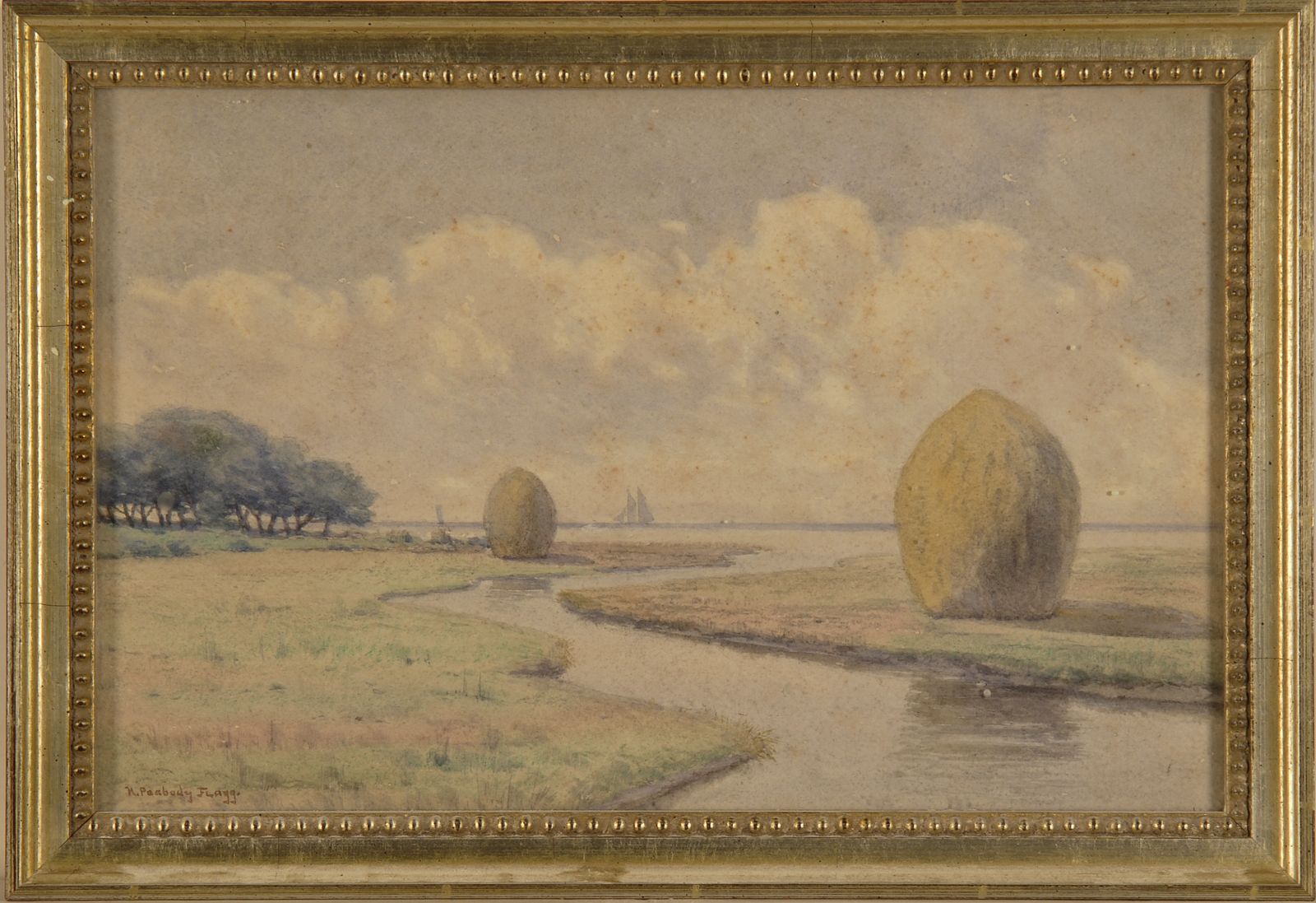 Appraisal: FRAMED WATERCOLOR HIRAM PEABODY FLAGG American - Haystacks on the