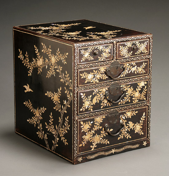 Appraisal: Korean Marquetry Mother-of-Pearl Brown Lacquer Table Chest of Drawers Yi