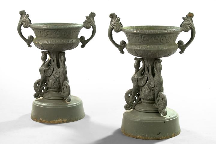 Appraisal: Pair of Victorian-Style Polychromed Cast-Aluminum Two-Handled Garden Urns with scrolling