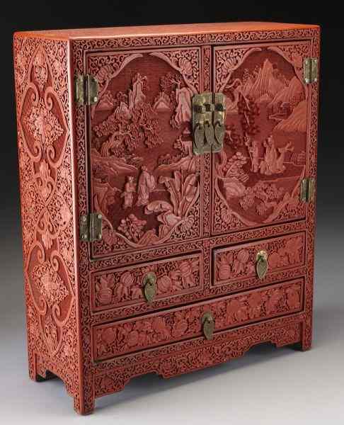 Appraisal: Chinese carved cinnabar table cabinetdepicting figures in a landscape having