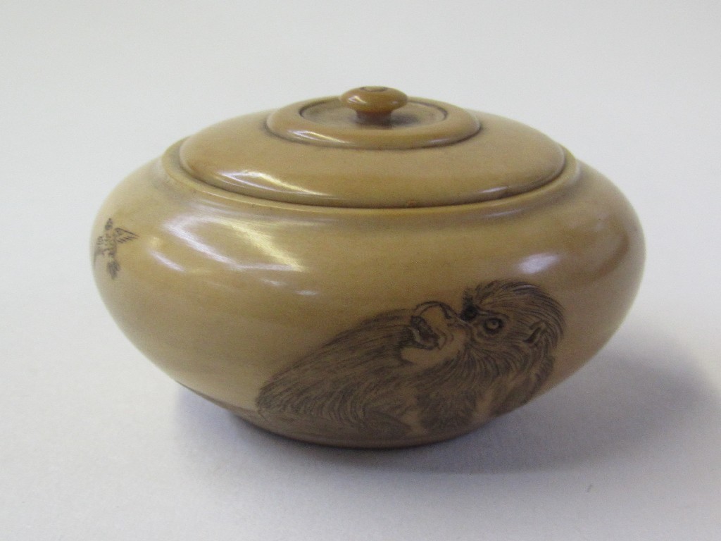 Appraisal: Oriental table snuff jar decorated with an ape and a