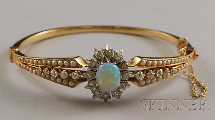 Appraisal: kt Gold Opal Diamond and Seed Pearl Bangle Bracelet total