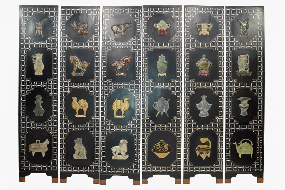 Appraisal: SIX-PANEL CHINESE SCREENwith hard stone and mother-of-pearl decorations Condition with