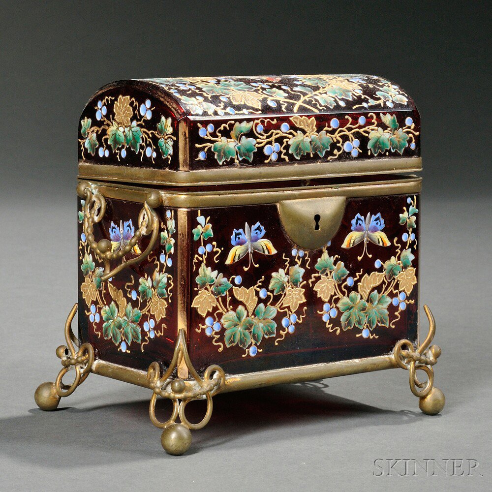 Appraisal: Bohemian Enameled and Gilded Ruby Glass Dresser Box late th