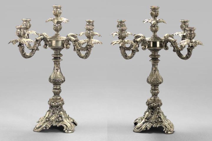 Appraisal: Tall Pair of Anglo-Indian Silvered Nickel Five-Light Candelabra first quarter