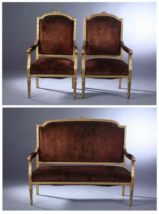 Appraisal: THREE-PIECE LOUIS XVI STYLE GILTWOOD SALON SUITE th century Comprising