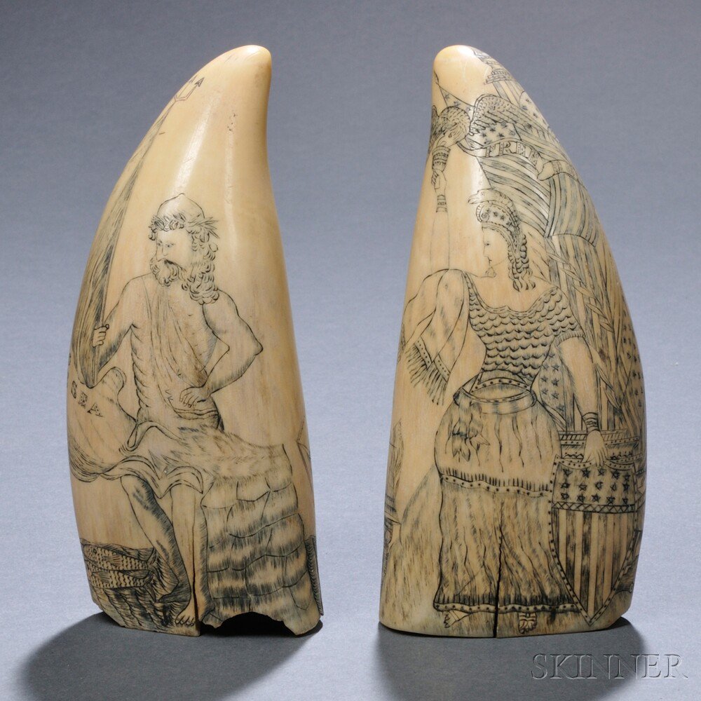 Appraisal: Pair of Scrimshaw Whale's Teeth th century one tooth depicting