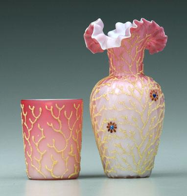 Appraisal: Coralene vase tumbler pink herringbone vase with ruffled rim yellow