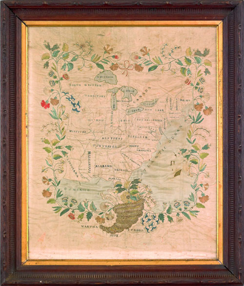 Appraisal: Rare American silk on silk needlework map of the eastern