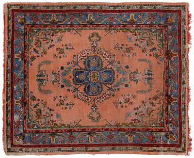 Appraisal: Oushak rug bold central medallion on pale peach field blue