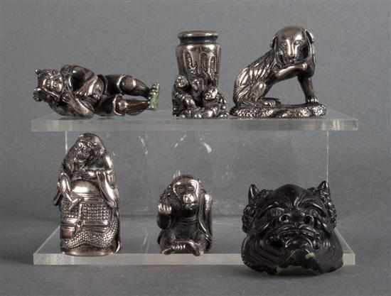 Appraisal: Five silvered metal netsuke and a miniature Japanese bronze demon