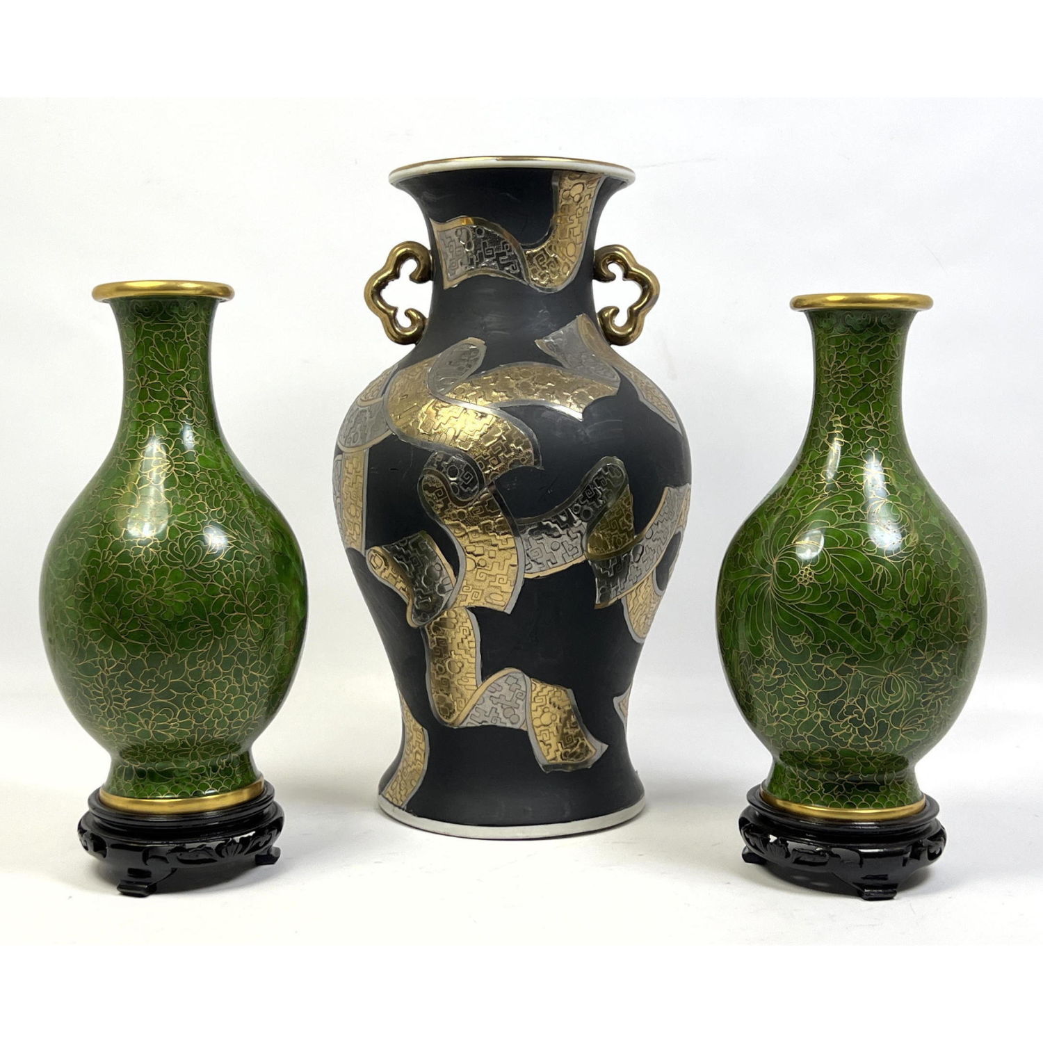 Appraisal: pc Asian Vases Pr of Chinese Green Cloisonne Enamel Vases