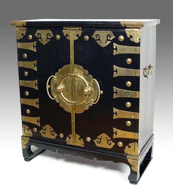 Appraisal: KOREAN BLACK LACQUER BRASS MOUNTED CHEST Two door cabinet conceals