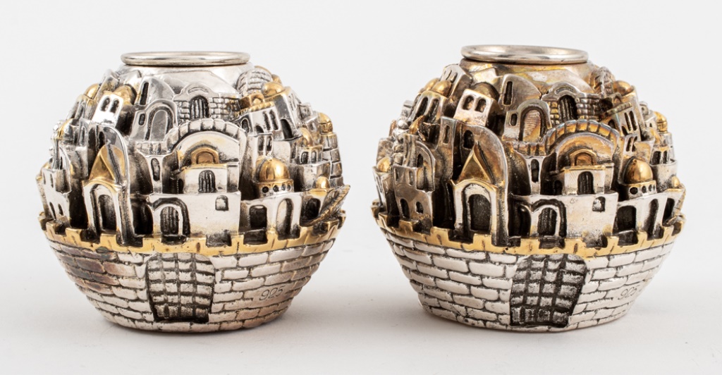 Appraisal: LEBITSKI STERLING CLAD SHABBAT CANDLE HOLDERS PR Pair of Lebitski