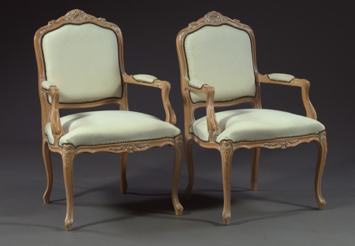 Appraisal: Pair of Louis XV-Style Beechwood Armchairs each with a floral