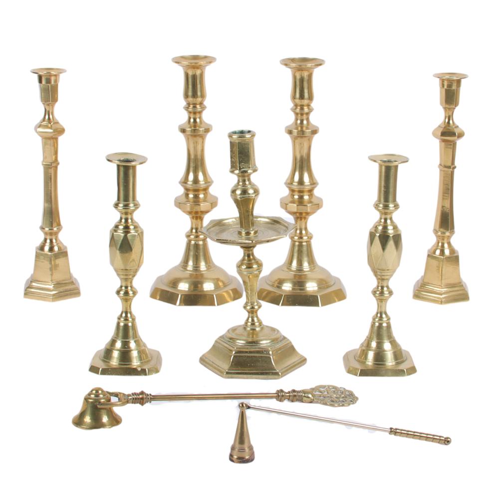 Appraisal: COLLECTION OF ANTIQUE CONTINENTAL BRASS CANDLESTICKS WITH TWO CANDLE SNUFFERS