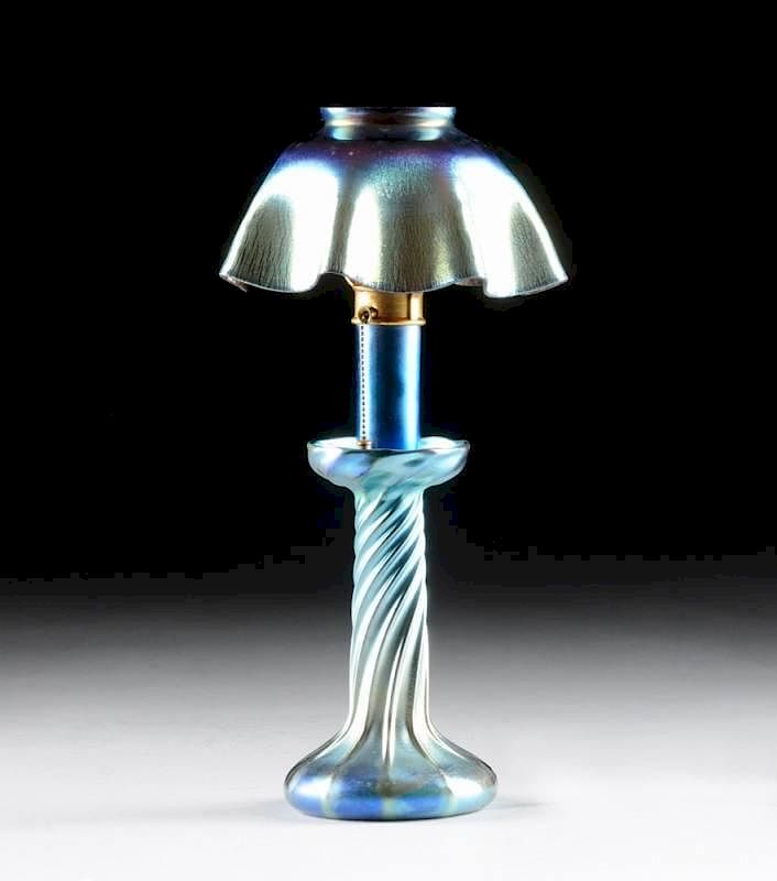 Appraisal: A TIFFANY STUDIOS BLUE FAVRILE GLASS CANDLESTICK LAMP ENGRAVED L