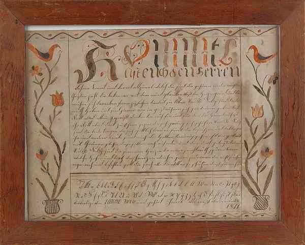 Appraisal: Southeastern Pennsylvania ink and watercolor fraktur dated the central script