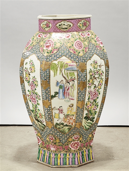 Appraisal: Tall Chinese enameled porcelain octagonal vase with figural and floral