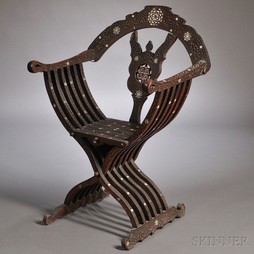 Appraisal: Near Eastern Mother-of-pearl-inlaid Fruitwood Savonarola Chair th century of typical