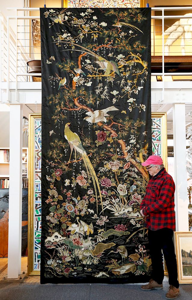 Appraisal: Rare Monumental th Century Chinese Embroidery Depicting Various Exotic Birds