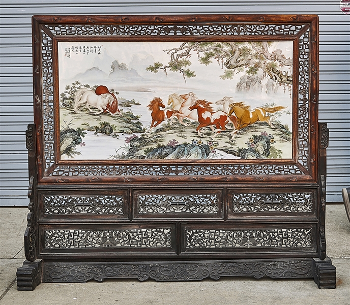 Appraisal: Chinese enameled porcelain framed plaque and openwork carved screen depicting