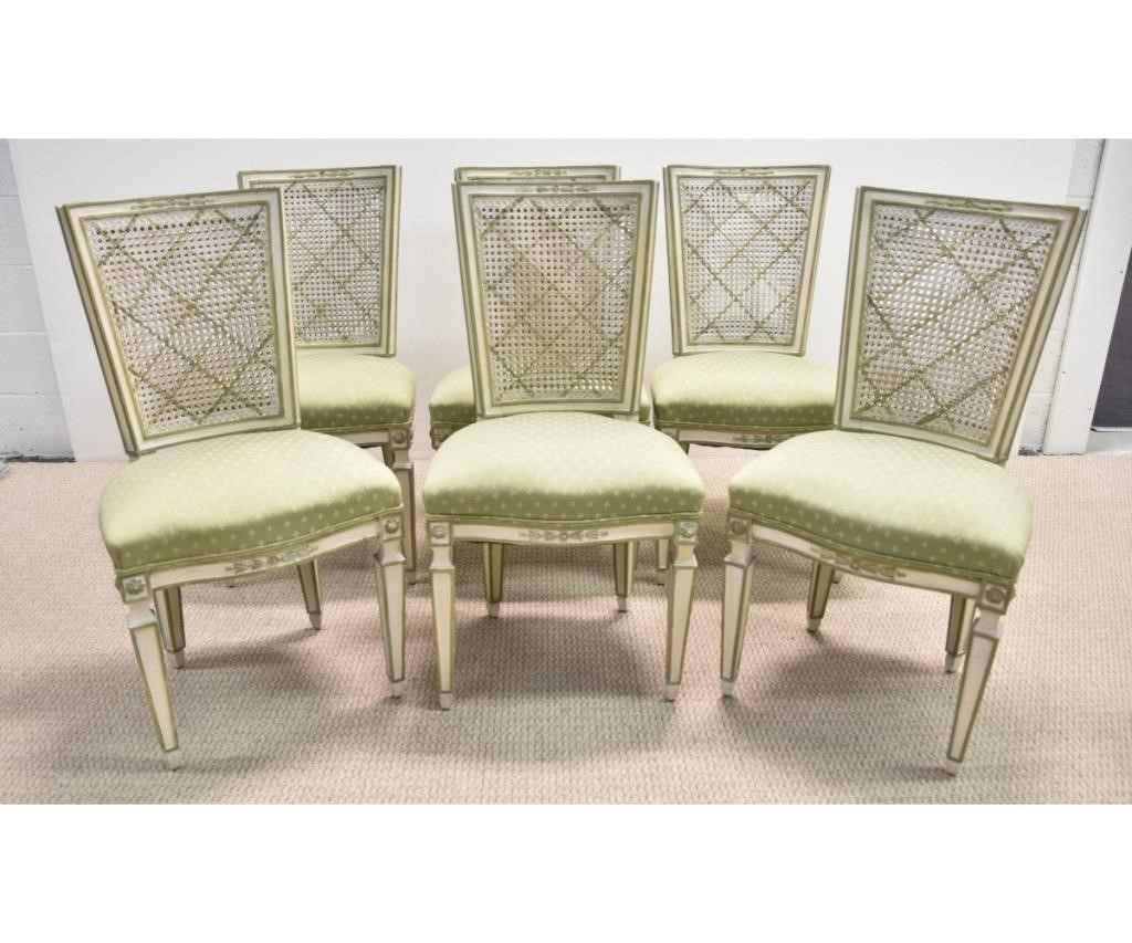 Appraisal: Set of six French style green side chairs with cane