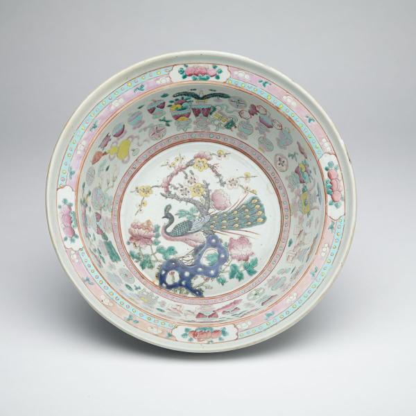 Appraisal: Famille Rose Export Peacock Basin With deep sides sloping towards