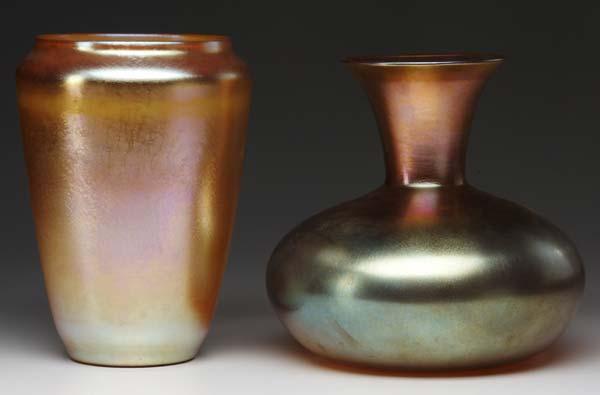 Appraisal: DURAND Two gold iridescent vases one with orange highlights Silver