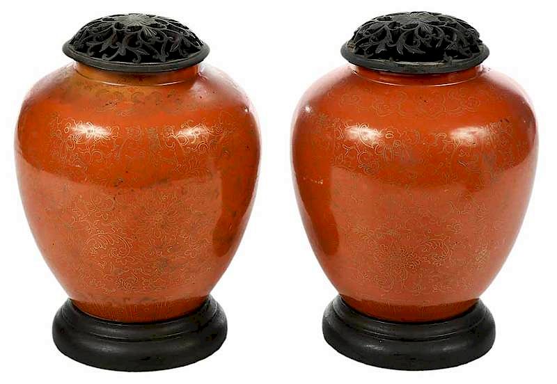 Appraisal: Pair Chinese Orange Gilt Ginger Jars Qing dynasty pair underglaze