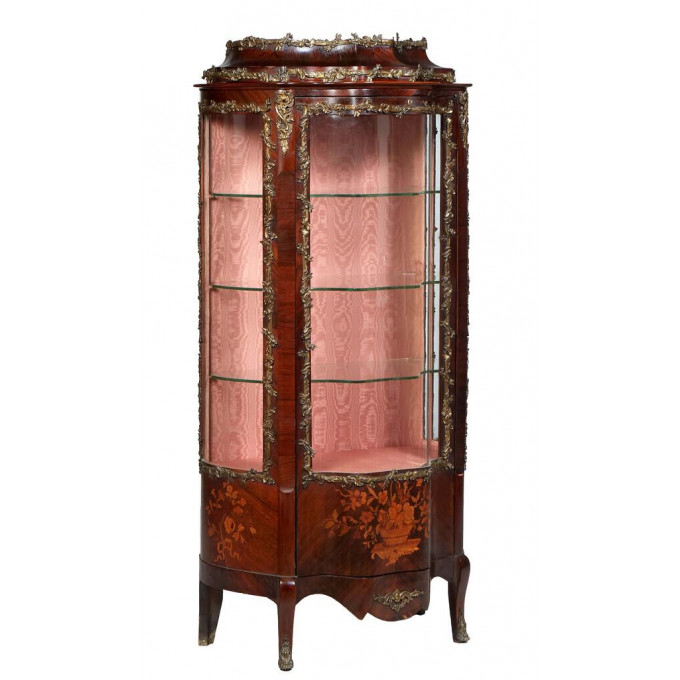 Appraisal: French Carved and Marquetry Inlaid Ormolu Mounted Curved Glass Vitrine