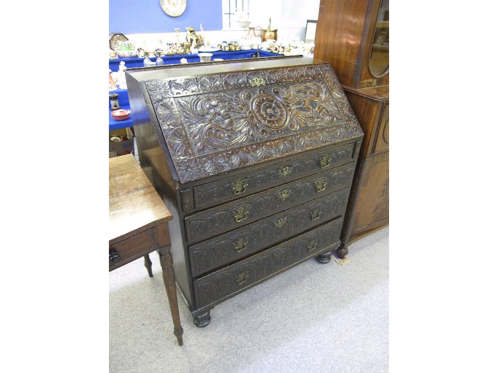 Appraisal: th century Jacobean style oak bureau the fall down front