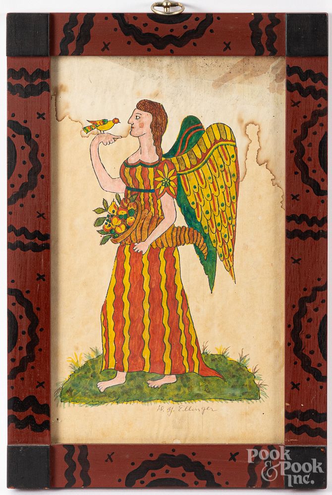 Appraisal: David Y Ellinger watercolor fraktur of an angel David Y