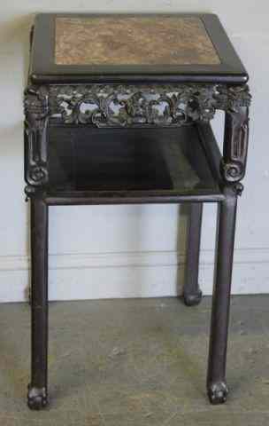 Appraisal: Antique Chinese Marble Square Top HardwoodStand With stylized faces and