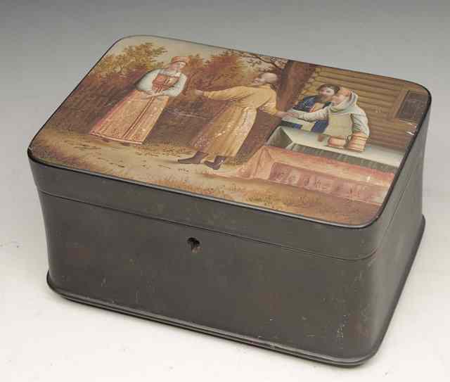 Appraisal: A RUSSIAN BLACK PAPIER MACH BOX decorated a family group