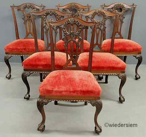 Appraisal: Set of six Chippendale style finely carved mahogany side chairs