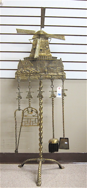 Appraisal: BRASS FIREPLACE TOOLS SET AND FLOOR STAND Dutch windmill design