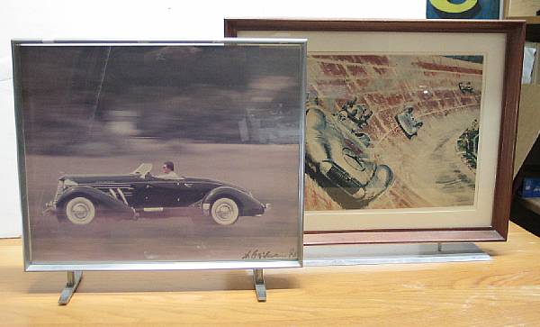 Appraisal: A pair of upright motoring images depicting an Auburn Boattail