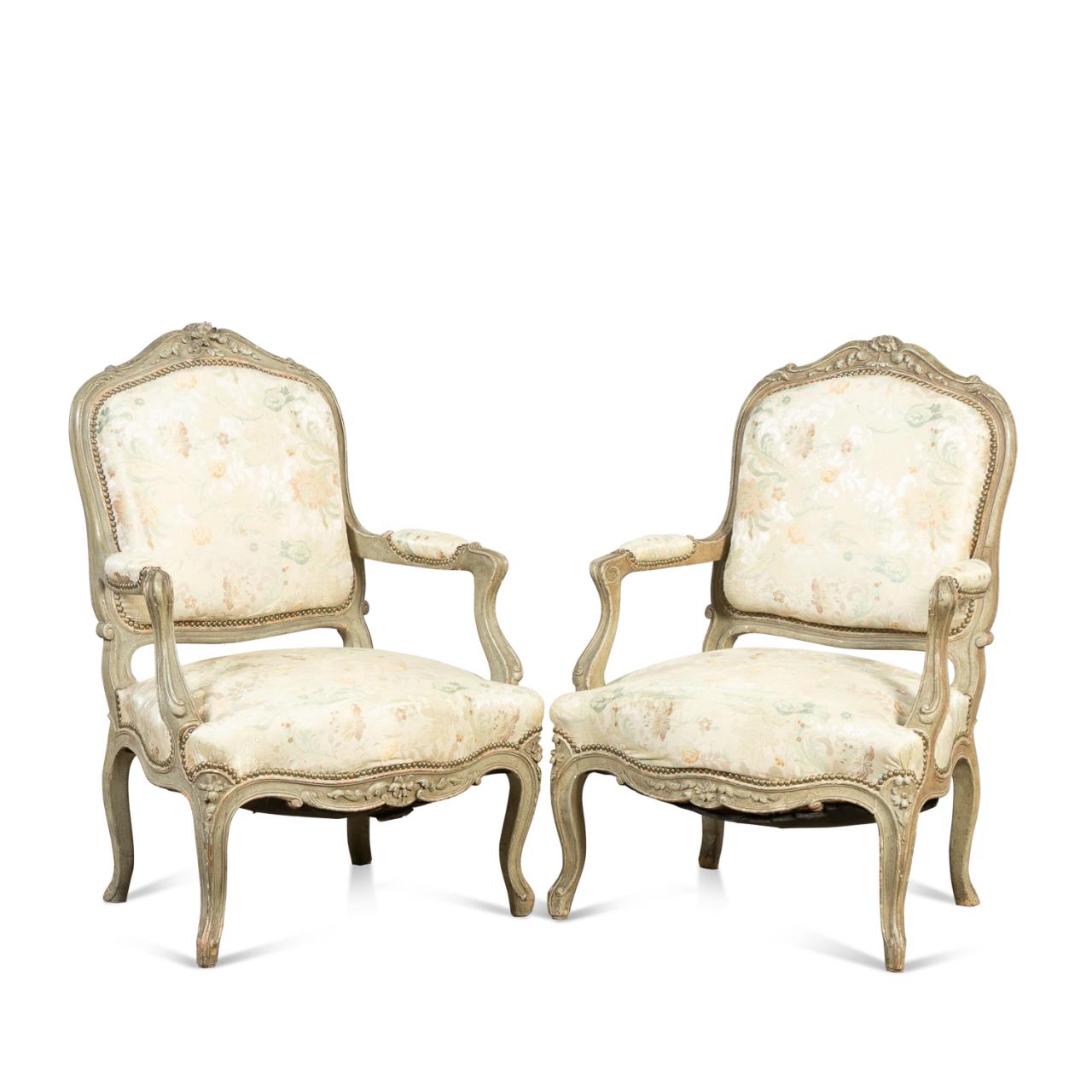 Appraisal: PR LOUIS XV STYLE PAINTED UPHOLSTERED ARMCHAIRS French pair of