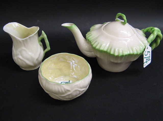 Appraisal: THREE IRISH BELLEEK PORCELAIN PIECES teapot in Hexagon pattern nd