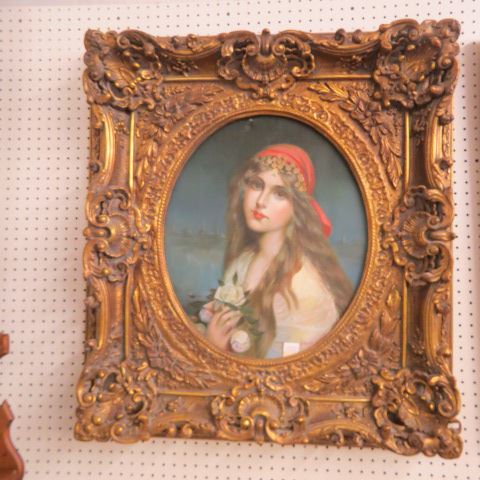 Appraisal: Decorative Oil Painting of Young Girlwith flowers oval image area