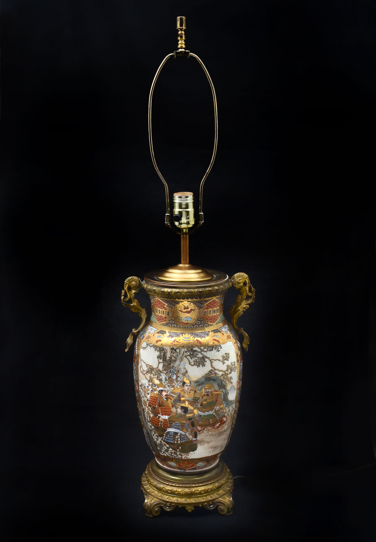 Appraisal: SATSUMA SAMURAI LAMP Satsuma lamp having intricately painted geometrical design