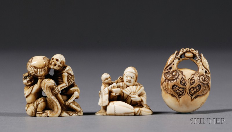 Appraisal: Three Ivory Netsuke th century a bell a man with