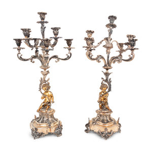 Appraisal: A Pair of Silver-Plate Figural Eight-Light Candelabra Early th Century