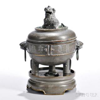 Appraisal: Pewter Tripod Covered Censer with Stand China th th century