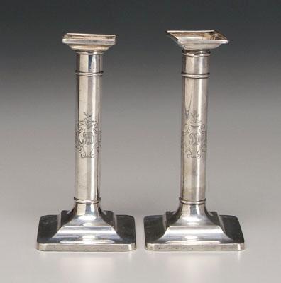 Appraisal: Pair Tiffany sterling candlesticks each with rounded square stepped bases