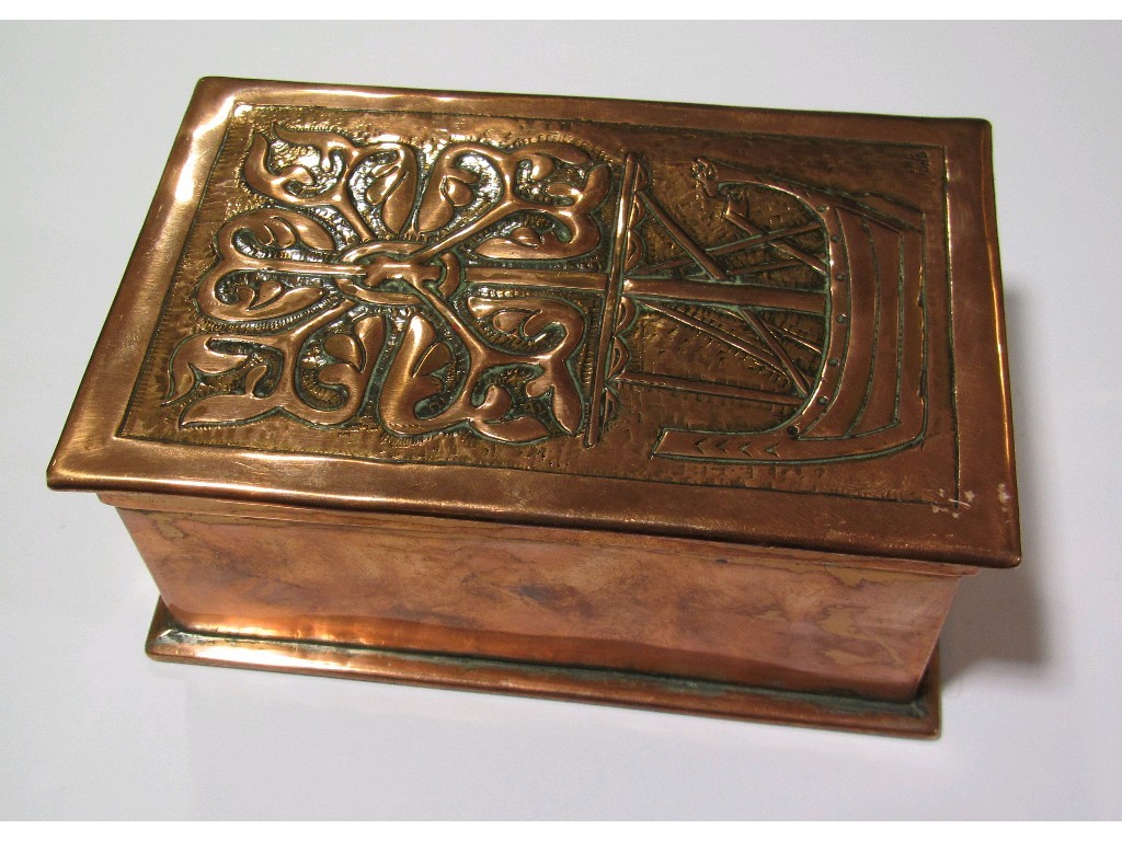 Appraisal: Rectangular brass box the hinged cover embossed with a longboat