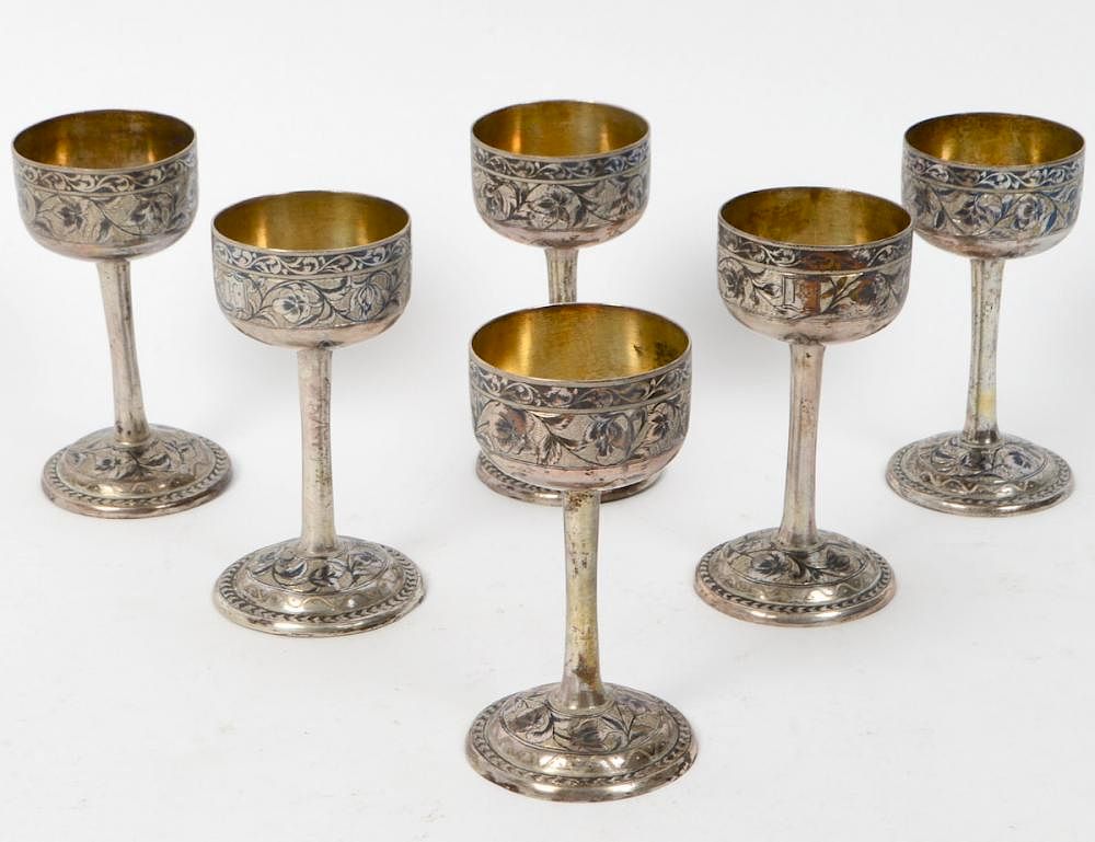 Appraisal: SET OF SIX SILVERED METAL NEILLO WINE GOBLETS Late th