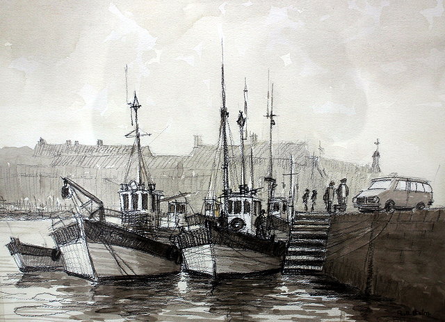 Appraisal: R H BALMA harbour with fishing boats charcoal and wash