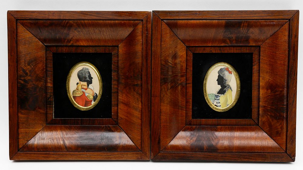 Appraisal: Pair of American Miniature Watercolor Silhouette Portraits of a Military